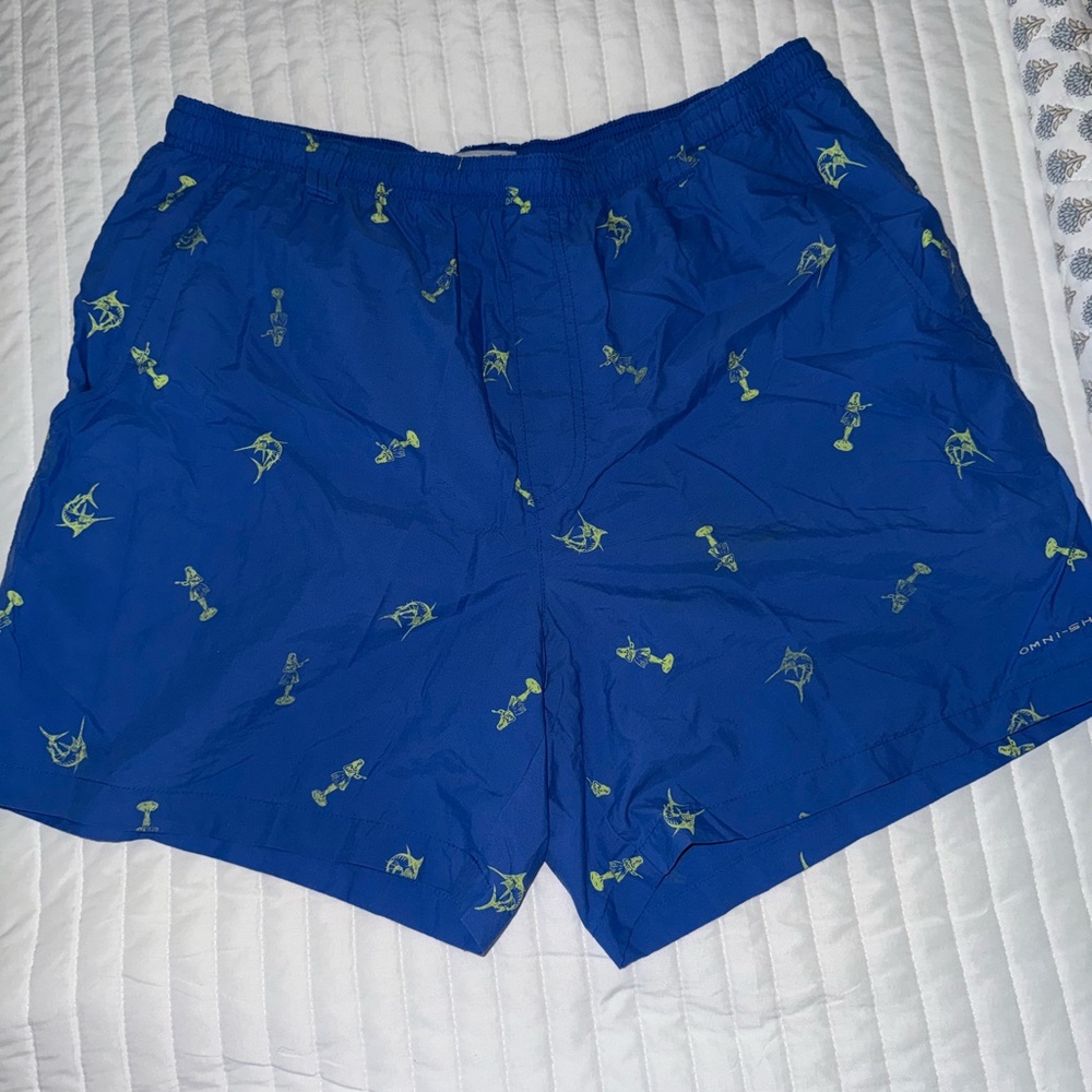 Blue and Green Swim Trunks with Tropical Design